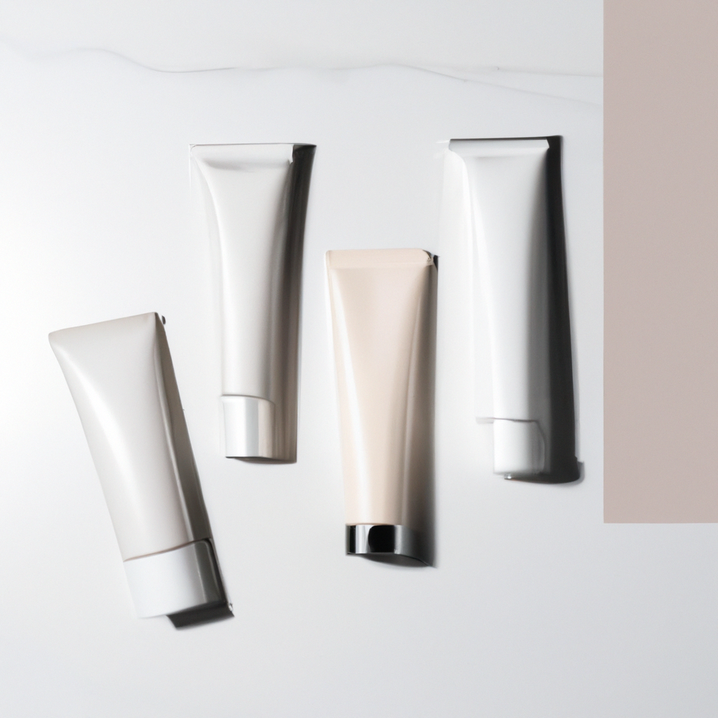 Cosmetics flatlay with glossy tubes and shadow play on a white surface